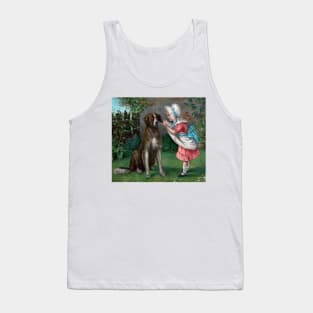 Girl with swimming cap playing with her puppy. Vintage postcard. Tank Top